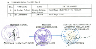 Dalam rangka efisiensi dan efektivitas hari kerja serta memberi pedoman bagi instansi peme SKB 3 MENTERI TENTANG HARI LIBUR NASIONAL DAN CUTI BERSAMA 2019