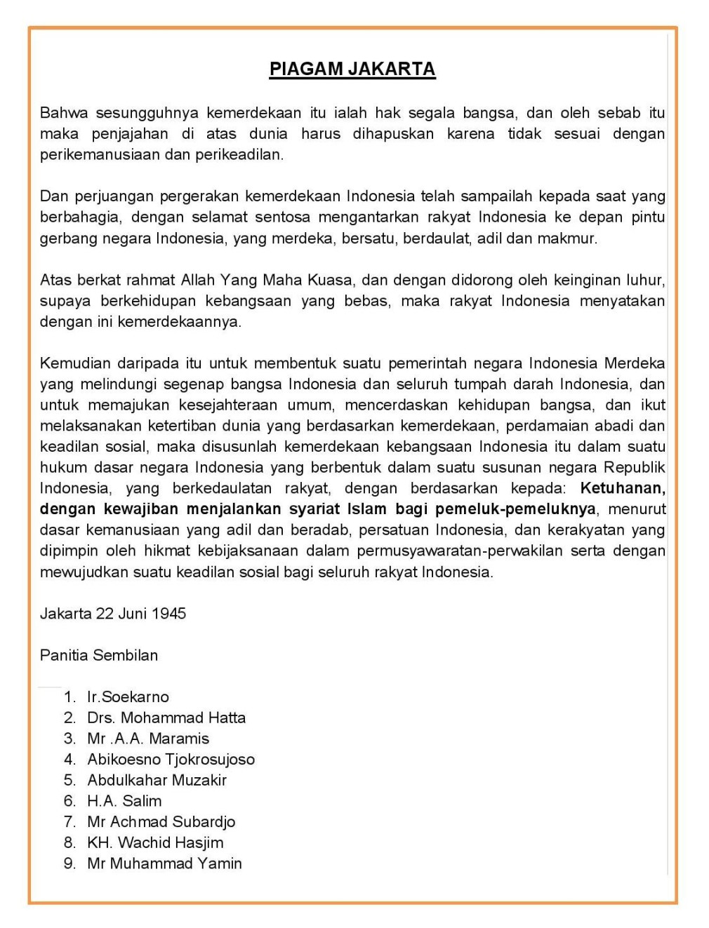 Sukarno, Ki Bagus: Pancasila I Juni, Piagam Jakarta  Juni