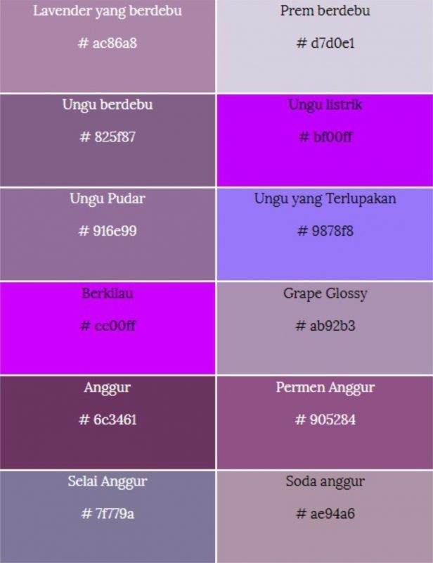 jenis-jenis warna ungu & kode html warna ungu