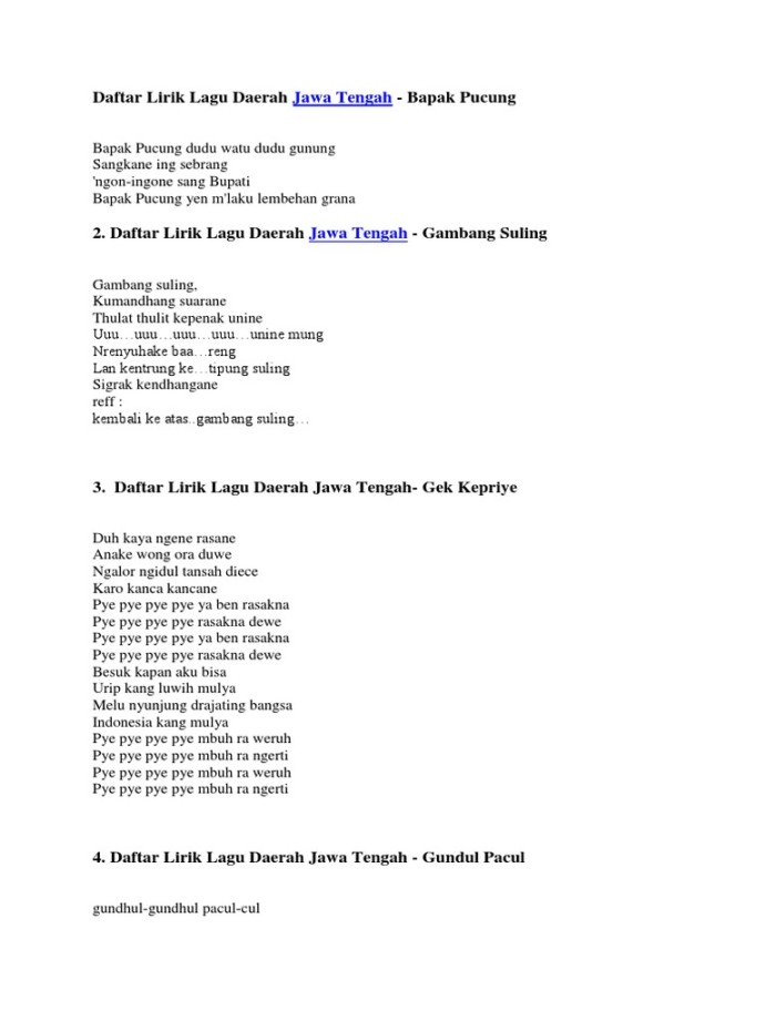 Daftar Lirik Lagu Daerah Jawa Tengah  PDF