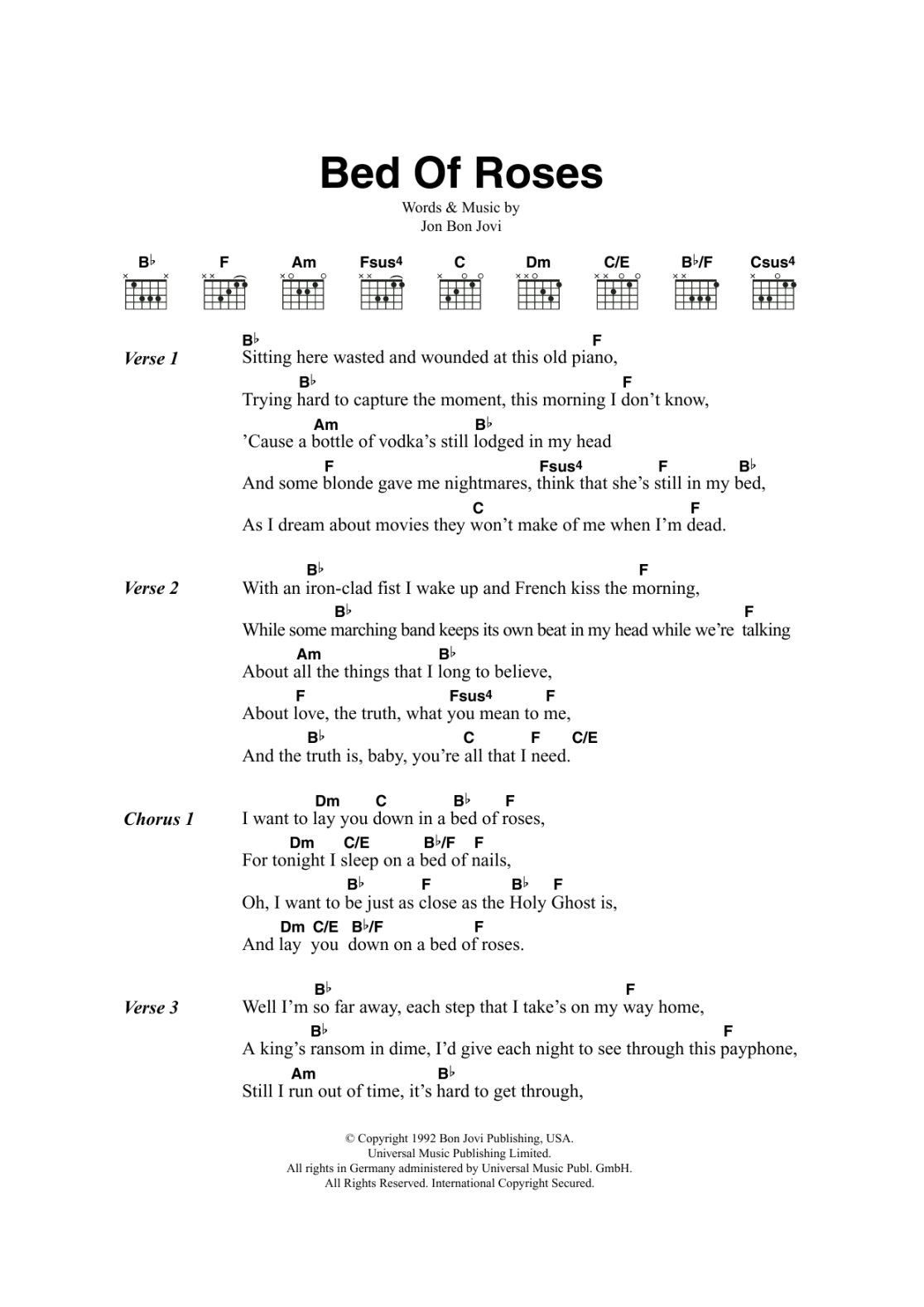 Bed Of Roses by Bon Jovi - Guitar Chords/Lyrics - Guitar Instructor