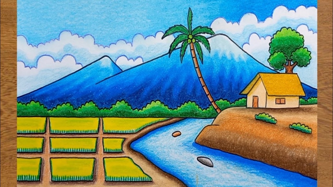Cara Menggambar Pemandangan Gunung dan Sawah yang Mudah  How to draw easy  rice field scenery