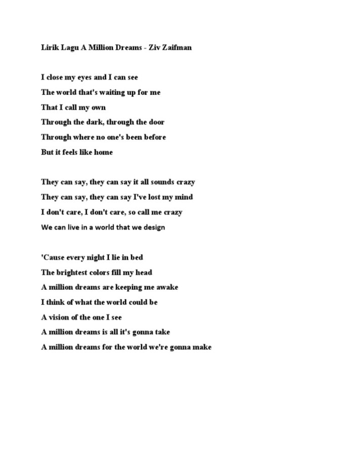 Lirik Lagu A Million Dreams - Ziv Zaifman  PDF