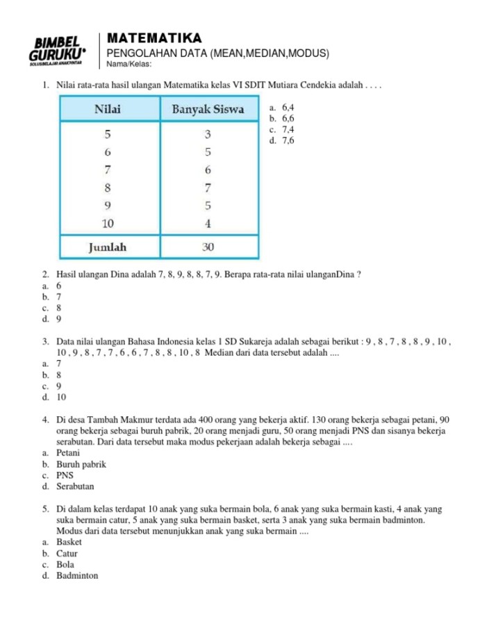Soal Matematika Kelas  Pengolahan Data  PDF