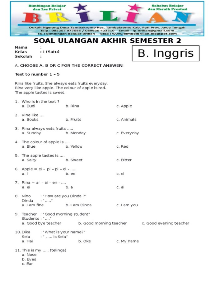 Soal UAS Bahasa Inggris Kelas  SD Semester  Dan Kunci Jawaban