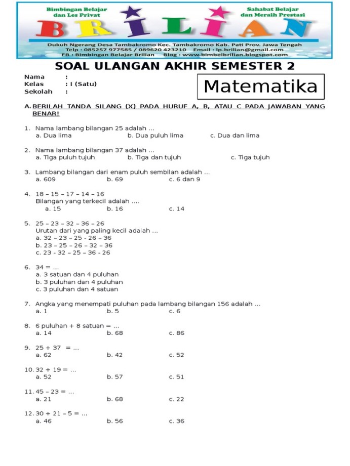 Soal UAS Matematika Kelas  SD Semester  Dan Kunci Jawaban PDF  PDF