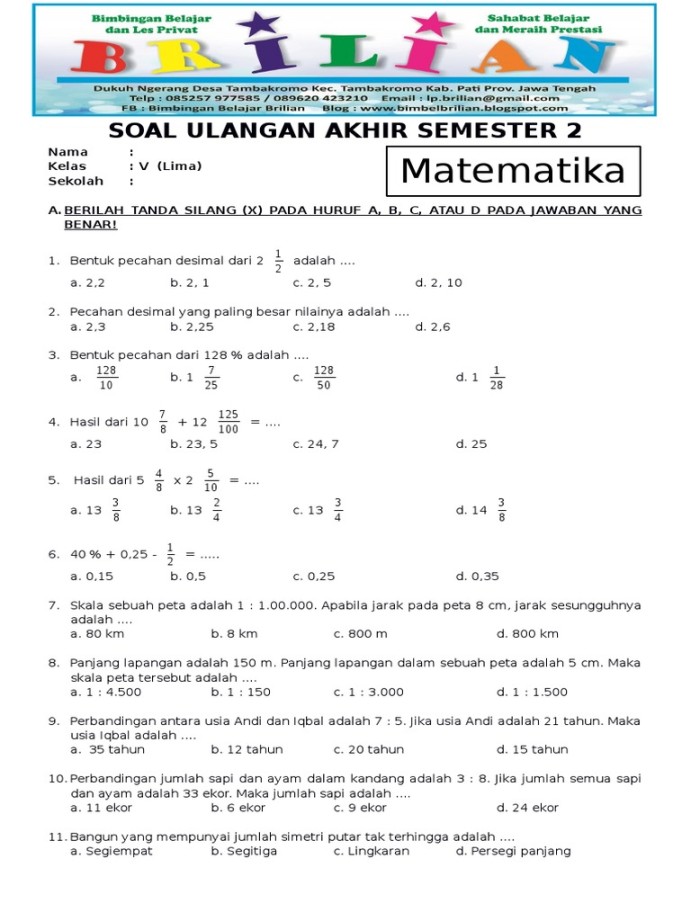 Soal Uas Matematika Kelas  SD Semester  Dan Kunci Jawaban  PDF