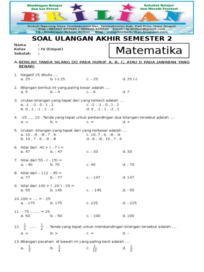 Soal UAS Matematika Kelas  SD Semester  Dan Kunci Jawaban