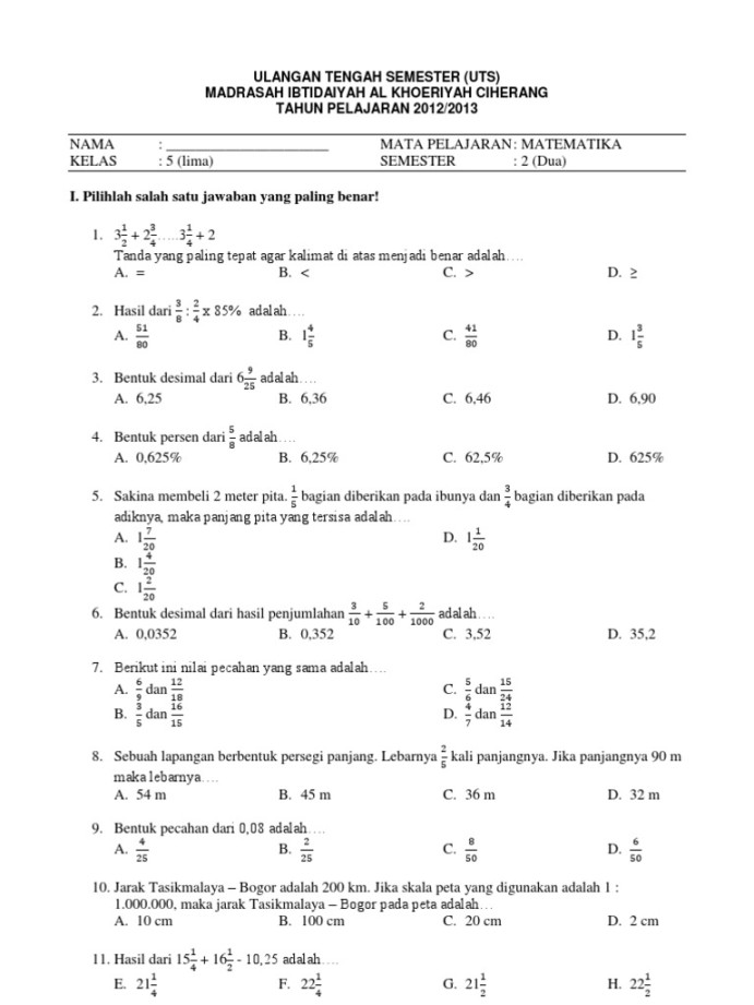 Soal Uts Matematika Kelas  Semester   PDF