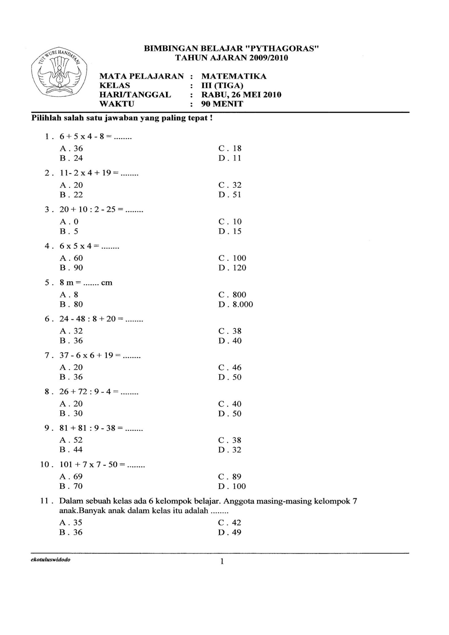 SOLUTION: Dokumen tips soal matematika sd kelas  semester