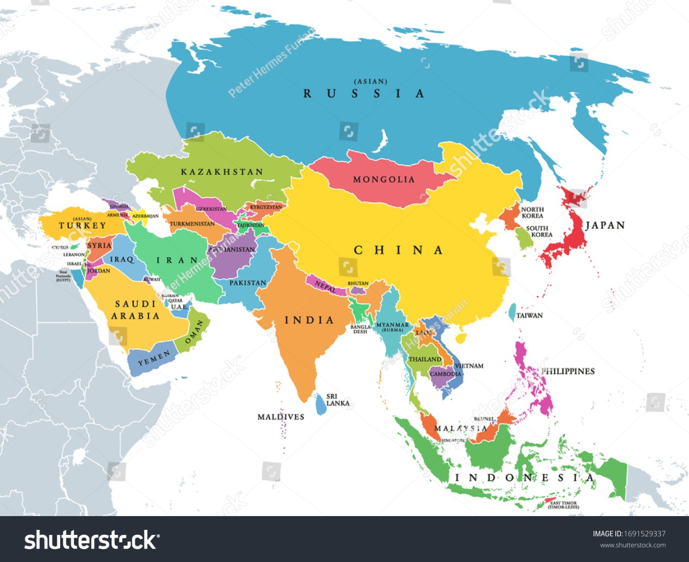 Vektor Stok Benua Asia, peta politik dengan negara (Tanpa Royalti