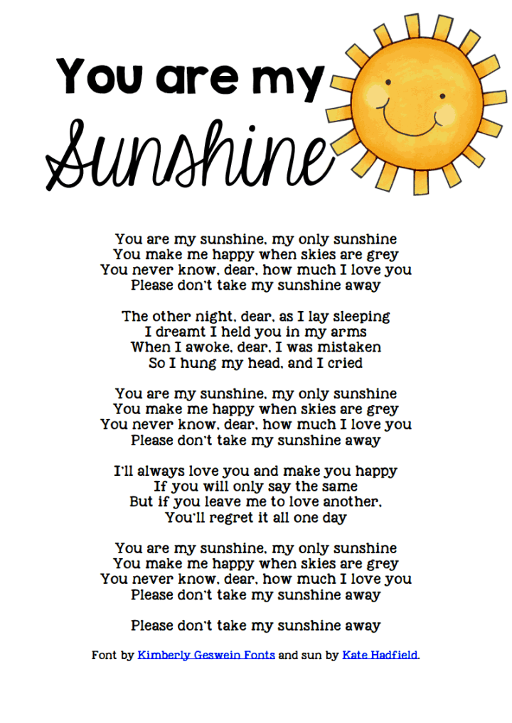 You are my Sunshine Lyrics freebie