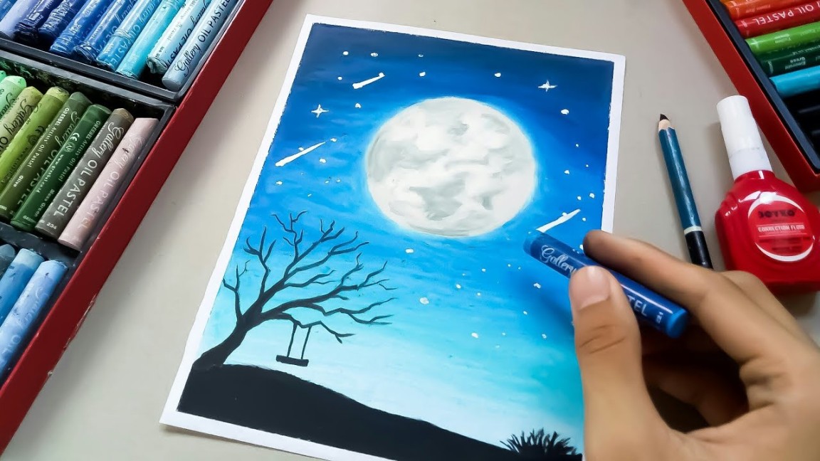 Cara Menggambar Pemandangan Malam Hari dan Moonlight / Easy Oil Pastel  Drawing / for Beginners