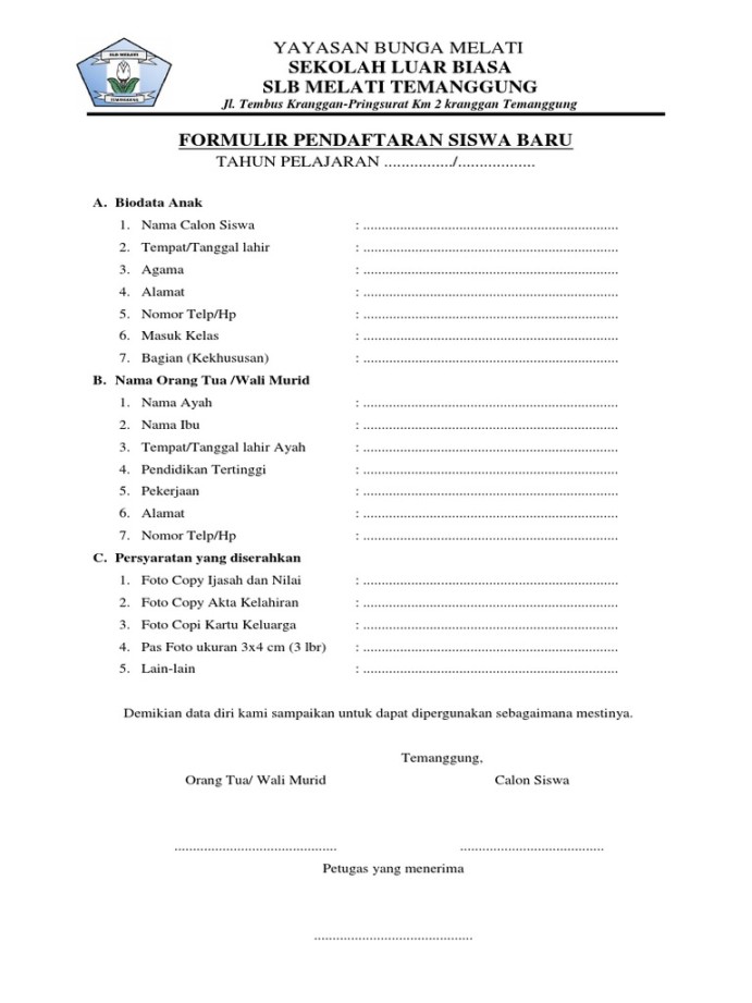 Formulir Pendaftaran Siswa Baru  PDF